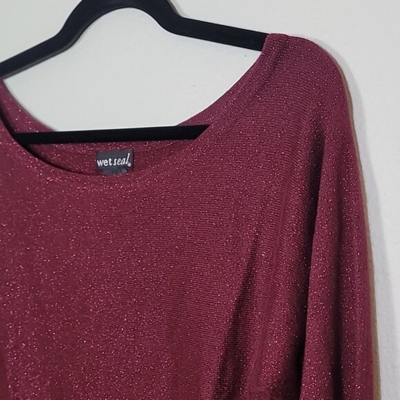 Y2K Wet Seal Cropped Long Sleeve Sweater Size L Red Sparkle Dolman Metallic 2000 - Picture 3 of 11